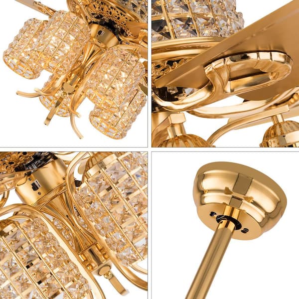 OUKANING 52 in. Indoor Gold Luxury Crystal 3-Speed Ceiling Fan