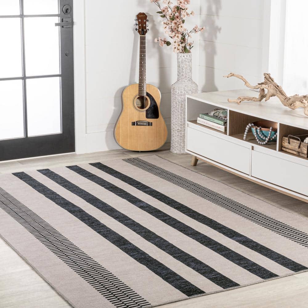 Modern Handcrafted Cream/Black Stripe Synthetic 9' x 12' Area Rug