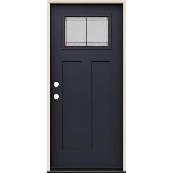 JELD-WEN 36 in. x 80 in. Right-Hand 1/4 Lite Craftsman Ballantyne Decorative Glass Black Fiberglass Prehung Front Door