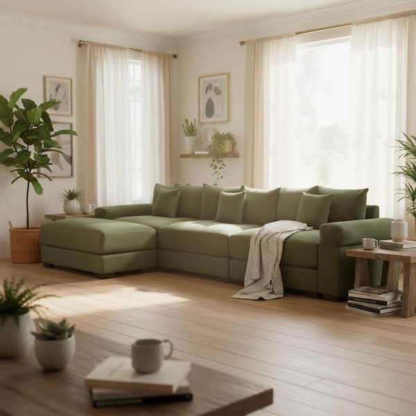 Homy Casa DDMSMXJT 129.9 in. Straight Arm 4-Piece Corduroy Modular Sectional Sofa with Ottoman and Ergonomic Design in Olive Green