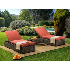 3-Piece Plastic Wicker Rattan Outdoor Chaise Lounge Chair Set with Orange Cushions
