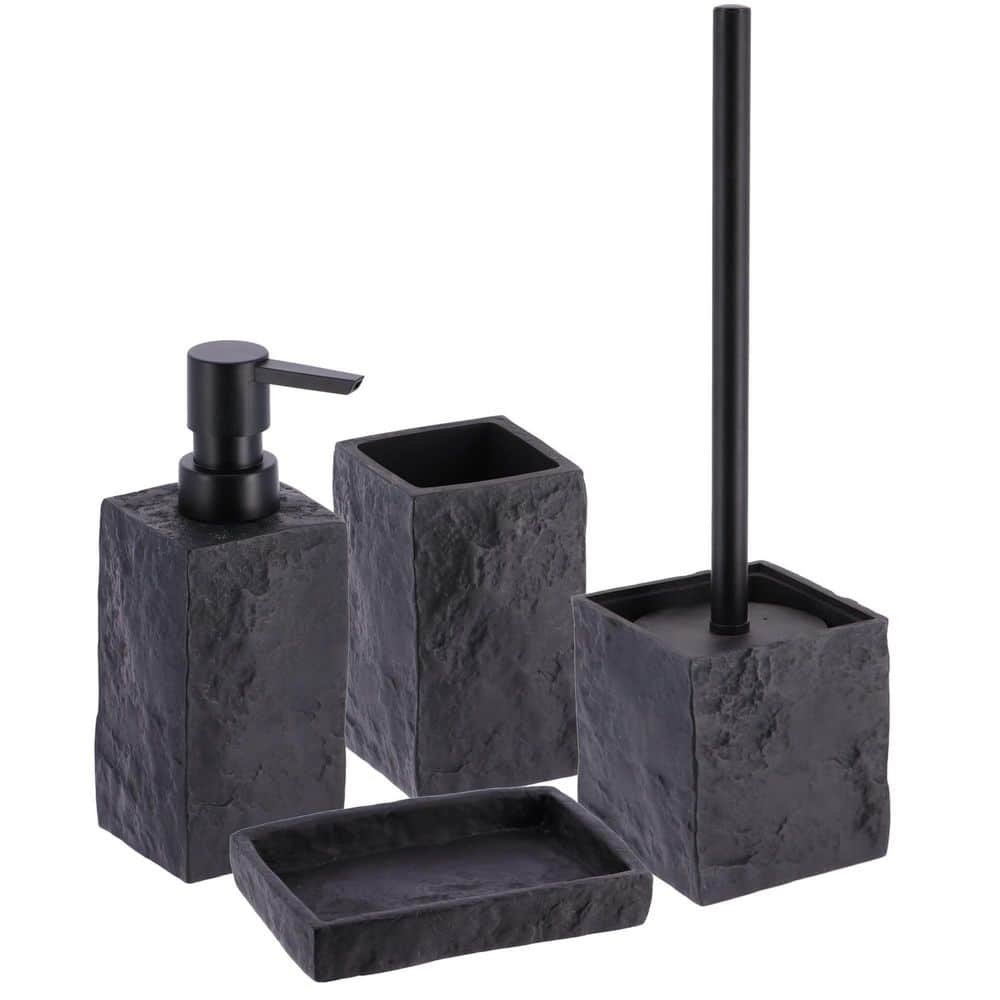 Black Stone Effect Polyresin Bathroom Accessory Set, 4 Pieces