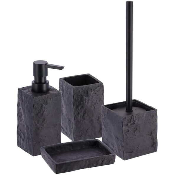 EVIDECO French home goods Stone 4-Pieces Bath Accessory Set with Soap Pump, Tumbler, Soap Dish and Toilet Brush Holder in Polyresin Black