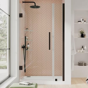 Tampa-Pro 31 1/16 in. W x 72 in. H Pivot Frameless Shower in Oil Rubbed Bronze with Shelves