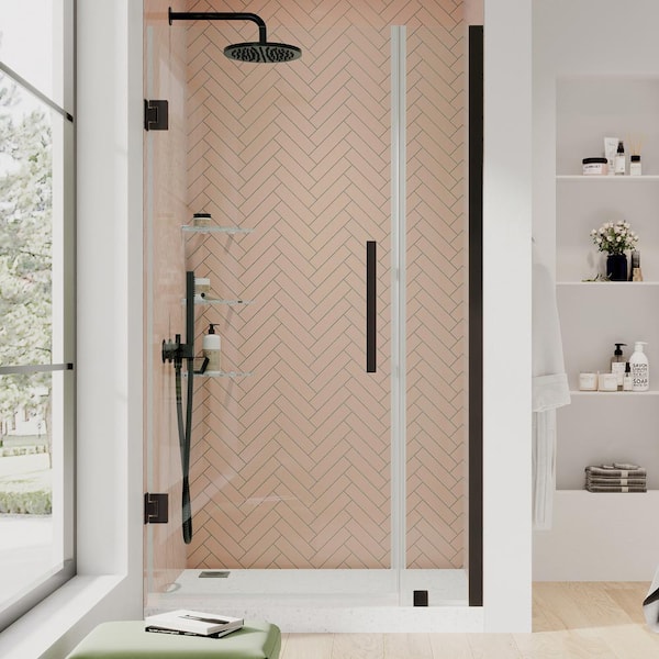OVE Decors Tampa-Pro 31 1/16 in. W x 72 in. H Pivot Frameless Shower in Oil Rubbed Bronze with Shelves