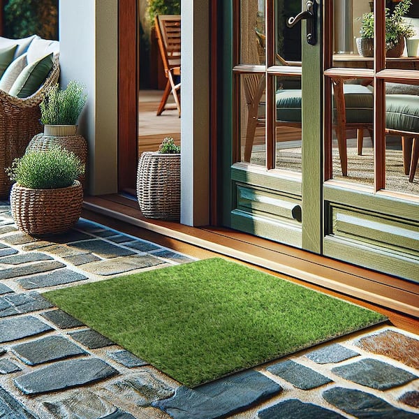 Meadowland Collection Waterproof Solid Indoor/Outdoor 3 ft. x 3 ft. Green Artificial Grass Area Rug