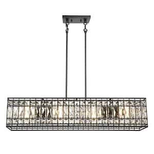 35.4 in. Modern 4-Light Black Island Chandelier with Glam Crystal Rectangle Shade, LED Bulb Compatible
