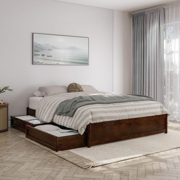 AFI Barcelona Walnut Brown Solid Wood Frame Queen Panel Platform Bed with Storage Drawers