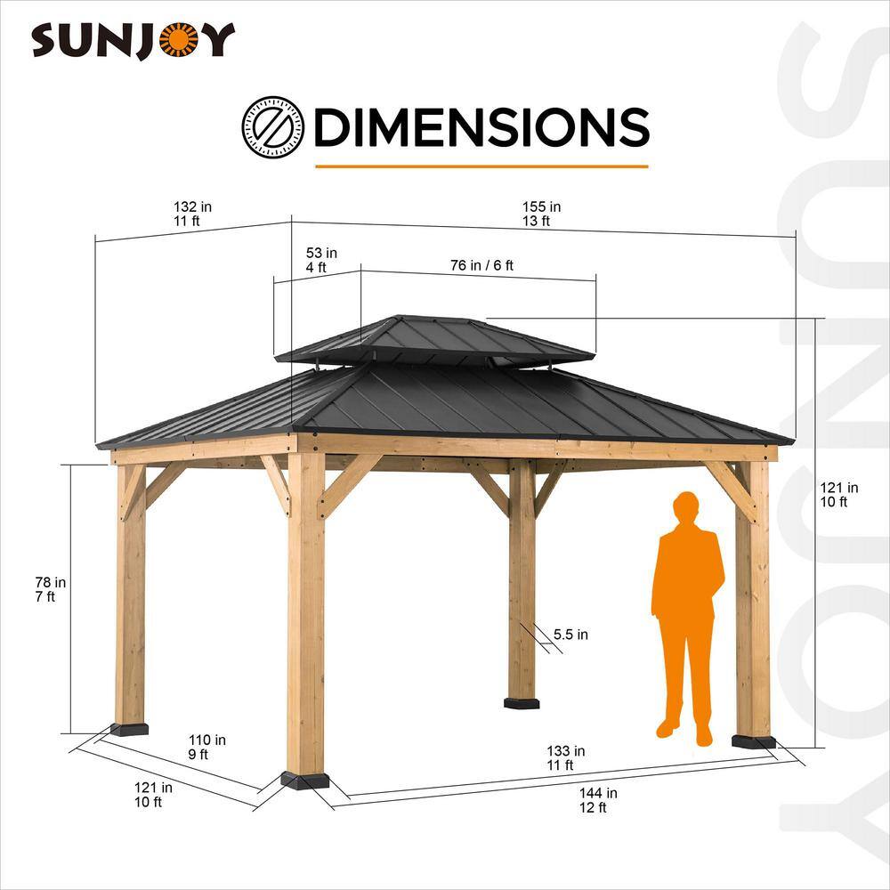 11x13 Cedar Wood Gazebo with Black Metal Double Roof