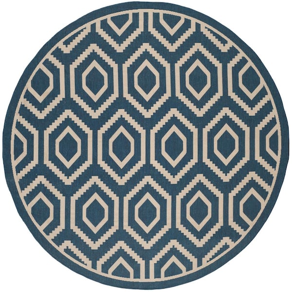 SAFAVIEH Courtyard Navy/Beige 8 ft. x 8 ft. Round Geometric Indoor/Outdoor Patio  Area Rug