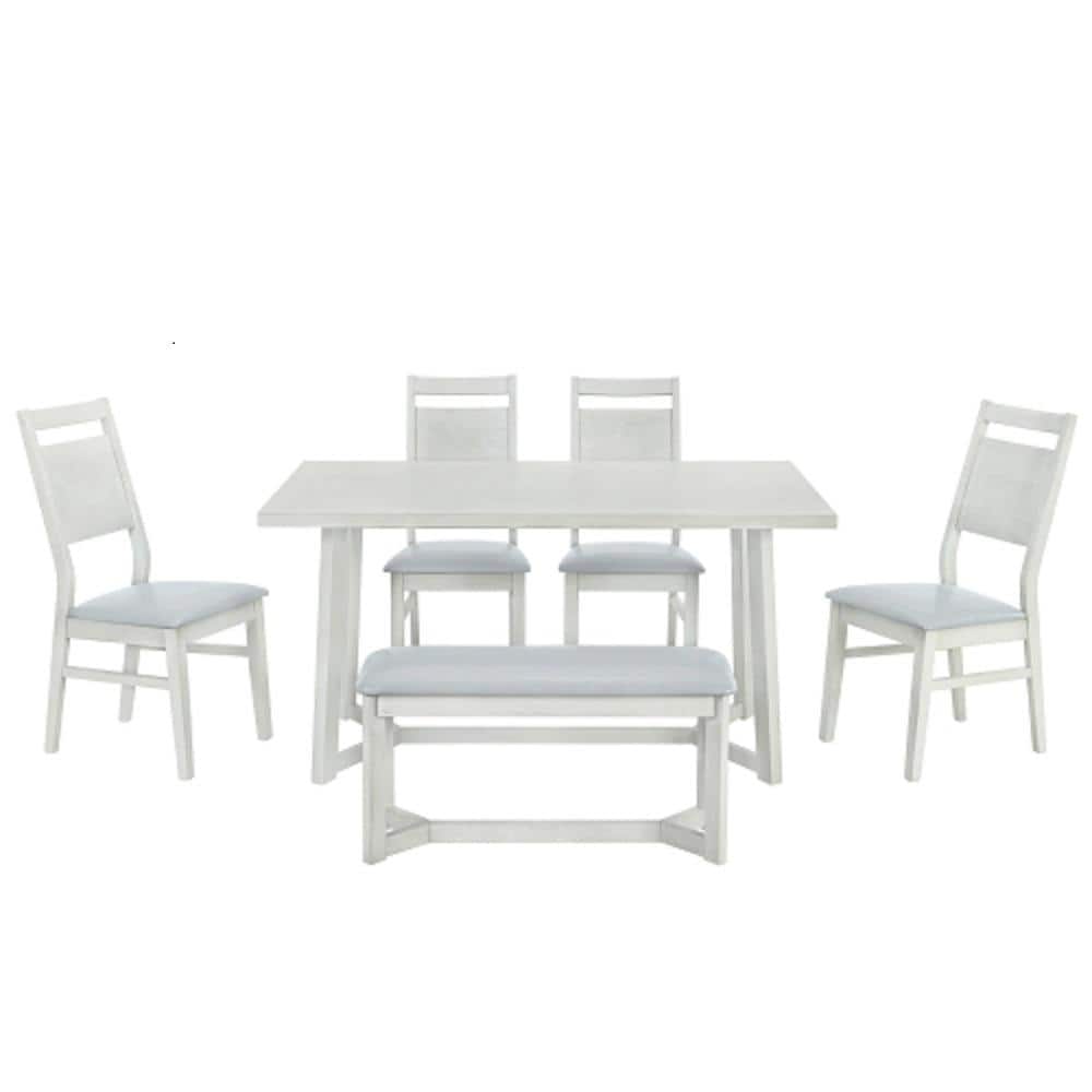 Gray 6-Piece Wood Trestle Leg Table Upholstered Chairs and Bench Outdoor Di