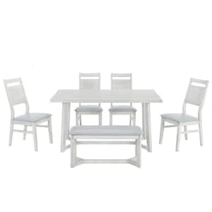 Gray 6-Piece Wood Trestle Leg Table Upholstered Chairs and Bench Outdoor Dining Set with Comfortable Gray Cushion