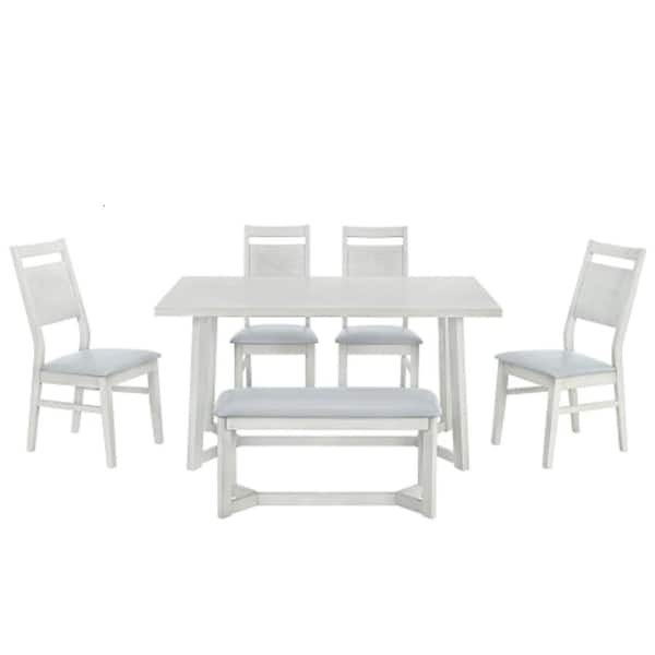Unbranded Gray 6-Piece Wood Trestle Leg Table Upholstered Chairs and Bench Outdoor Dining Set with Comfortable Gray Cushion