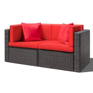 Chillrest 58 in. Black Wicker Outdoor Loveseat with Red Cushions