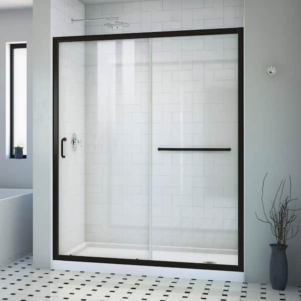 DreamLine Infinity-Z 60 in. W x 74.75 in. H Sliding Semi Frameless Shower Door in Satin Black with Clear Glass Right Drain Base