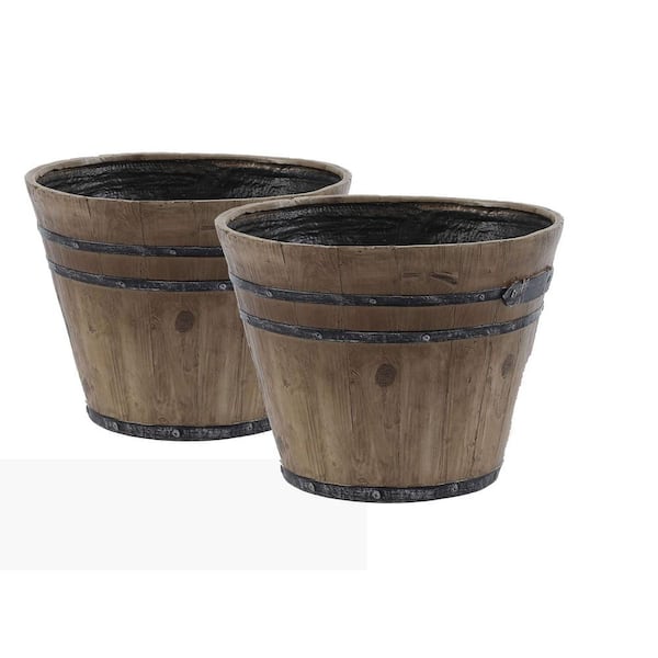LuxenHome Rustic Fiberclay Barrel Planters (Set of 2)
