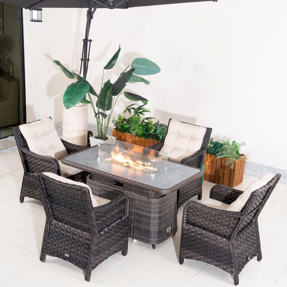 Nest 5-Piece Wicker and Aluminum Rectangular Adjustable Height Outdoor Dining Fire Pit Table Set with Beige Cushions price history on PriceWatchPro