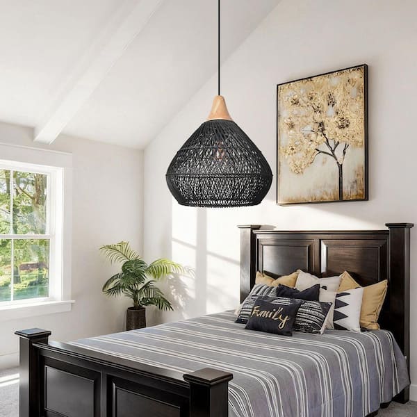 ARTURESTHOME 1 Light Black Hand-Woven Rattan Pendant Light with