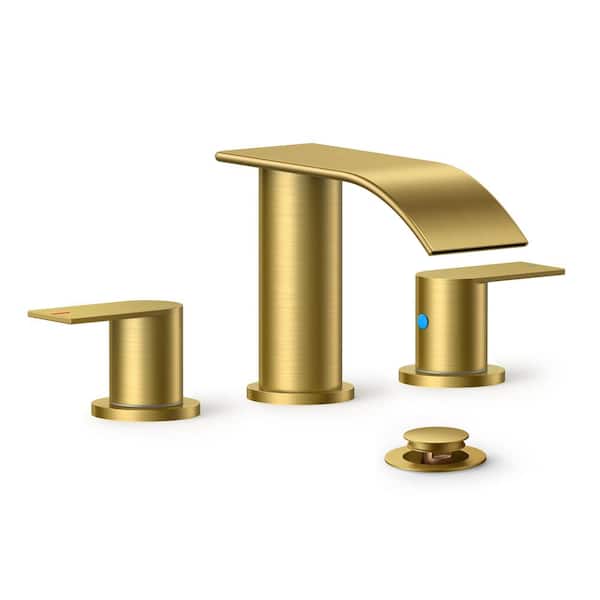androme 8 in. Widespread Double Handle Bathroom Faucet with Metal Drain in Gold