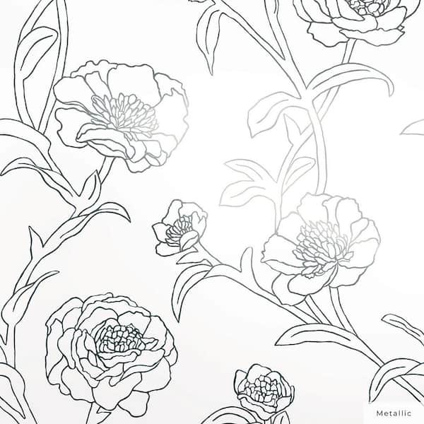 Metallic Black and White Peonies Vinyl Peel and Stick Wallpaper Roll (Covers 56 sq. ft.)