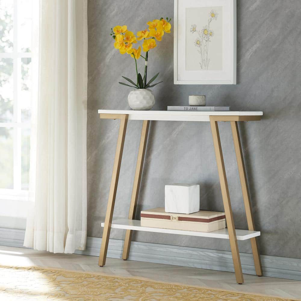 White Wood and Gold Metal Console Table with Storage