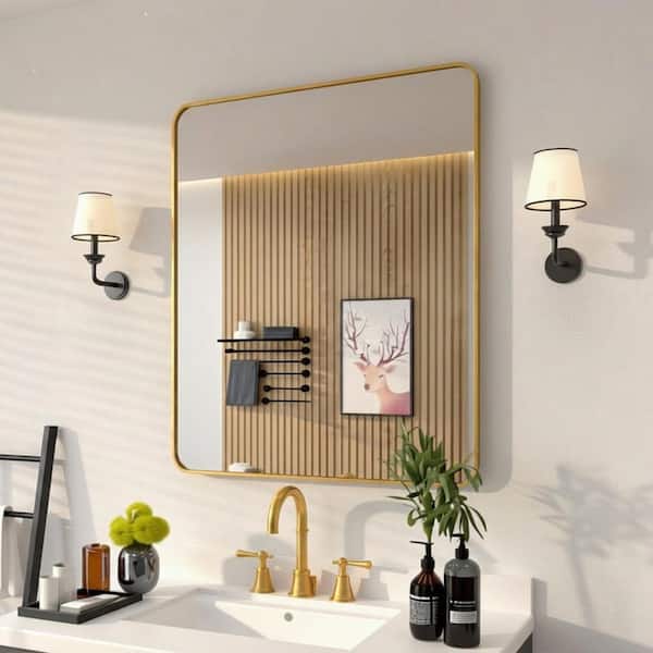 30 in. W x 36 in. H Rectangular Framed Wall Bathroom Vanity Mirror in Brass