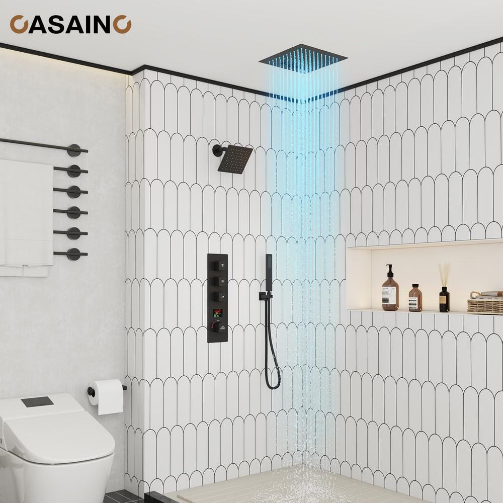 Matte Black 12" LED Rain Shower System with Bluetooth Speaker