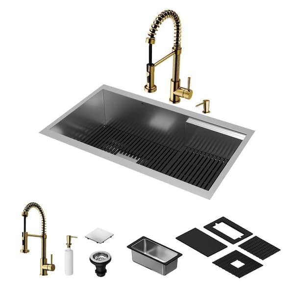 VIGO Hampton 32" Stainless Steel Single Bowl Workstation Undermount Kitchen Sink with Matte Gold Faucet and Accessories