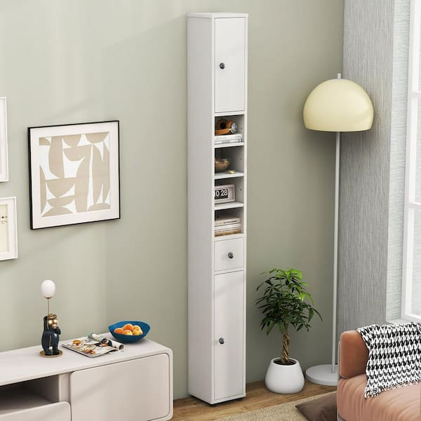 White 71 in. Tall Slim Bathroom Storage Cabinet Linen Tower with Drawer and Adjustable Shelves