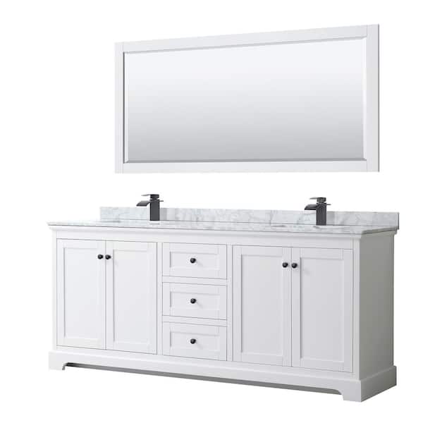 Wyndham Collection Avery 80 in. W x 22 in. D x 35 in. H Double Bath Vanity in White with White Carrara Marble Top and 70 in. Mirror