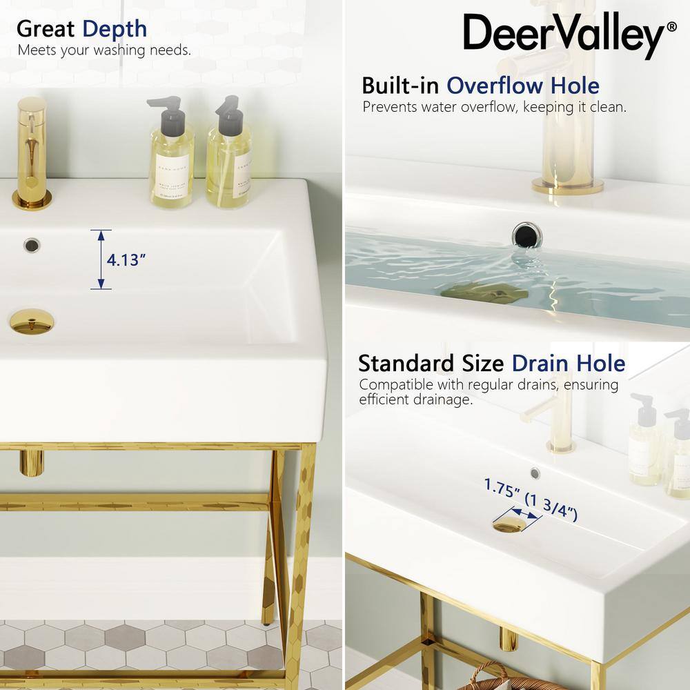 White Ceramic Console Sink with Gold Stainless Steel Frame