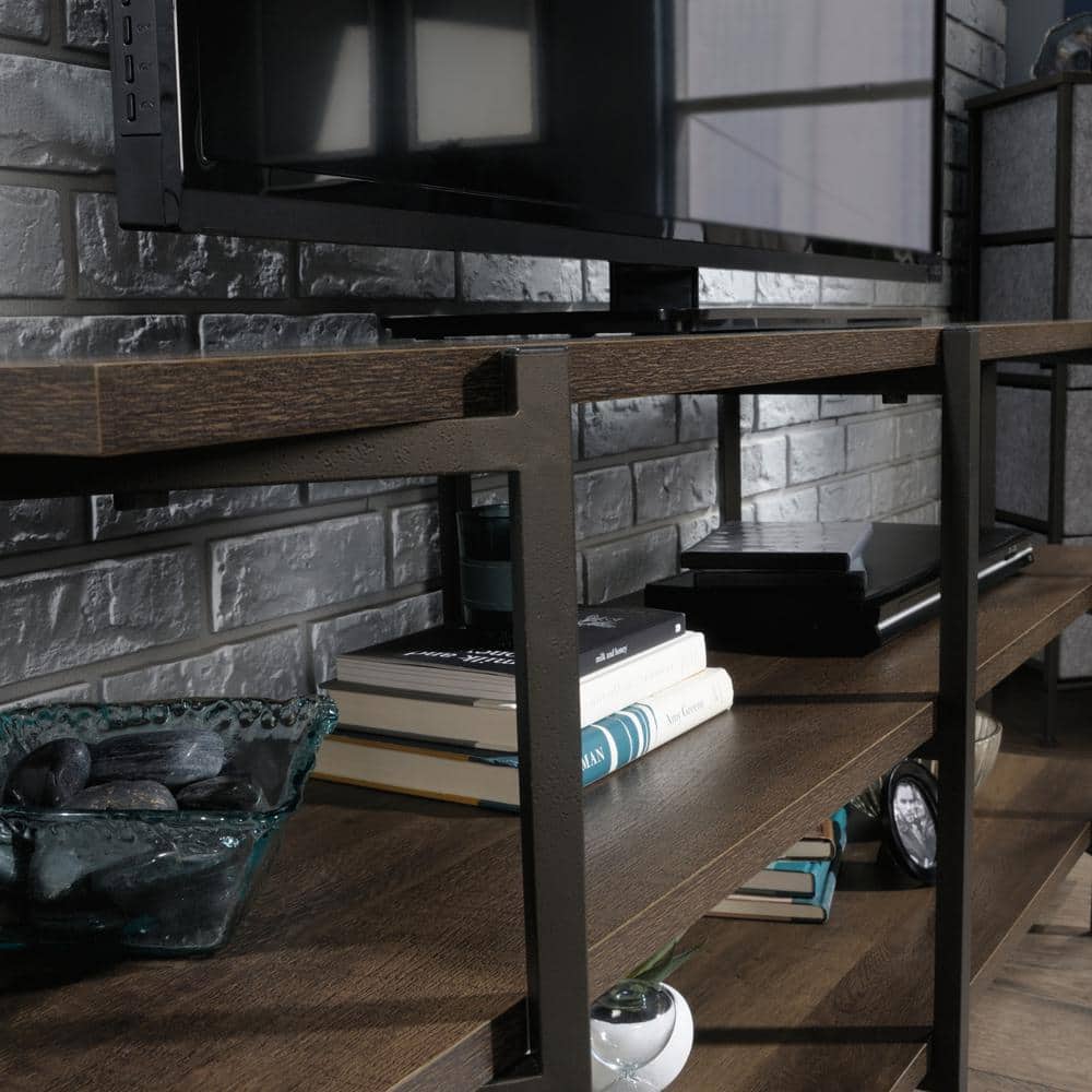 Smoked Oak and Black Metal 55" TV Stand with Open Shelving