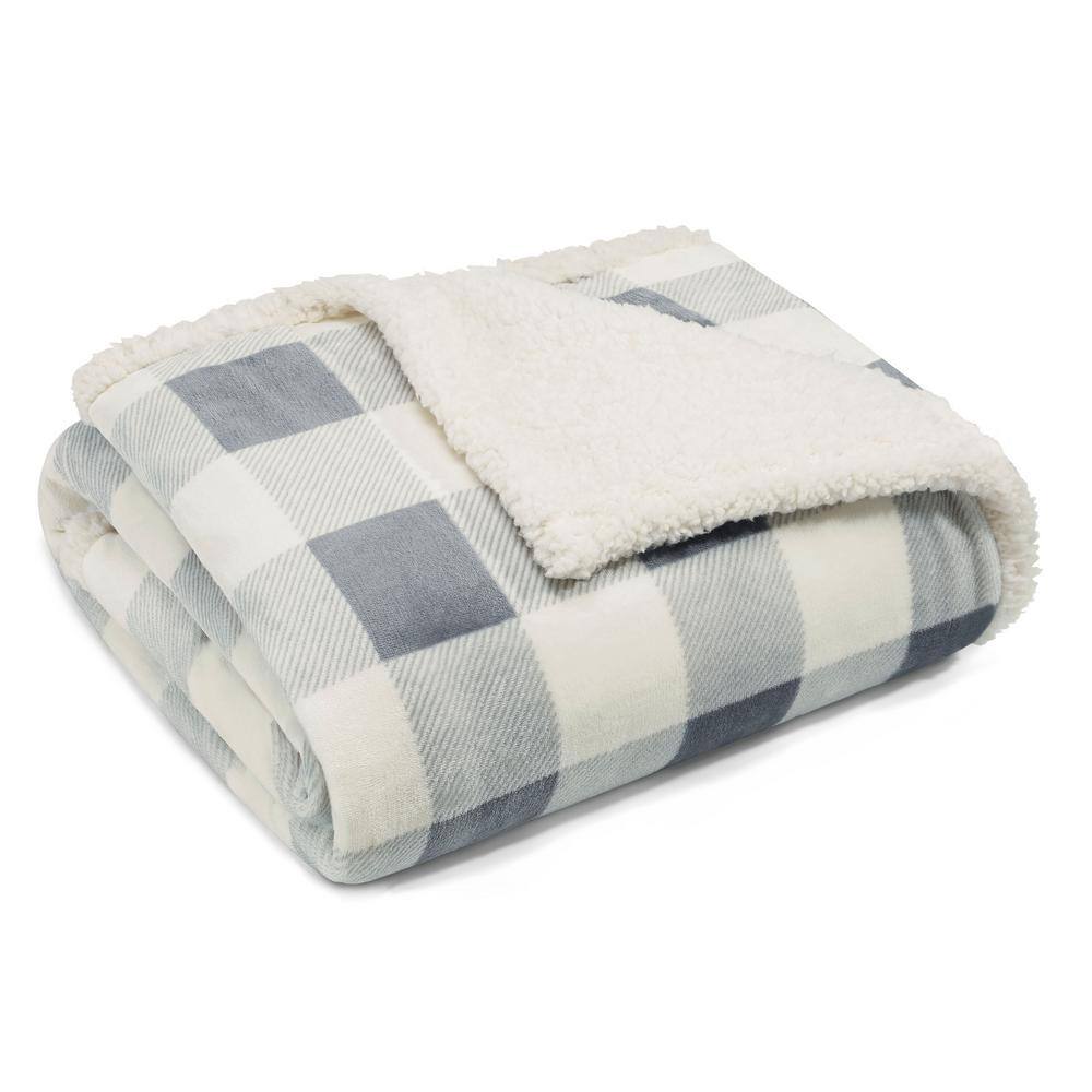 EDDIE BAUER Ultra Plush Mountain Plaid Silver Sherpa Reverse Throw