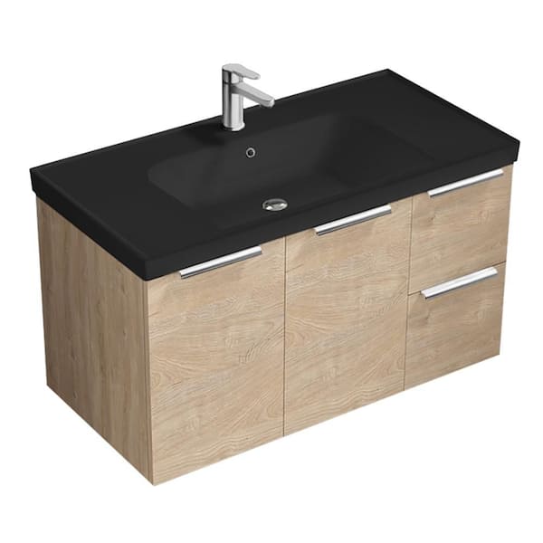 Frame 35.4 in. Modern Freestanding Bath vanity in Brown Oak with Matte Black Ceramic Top