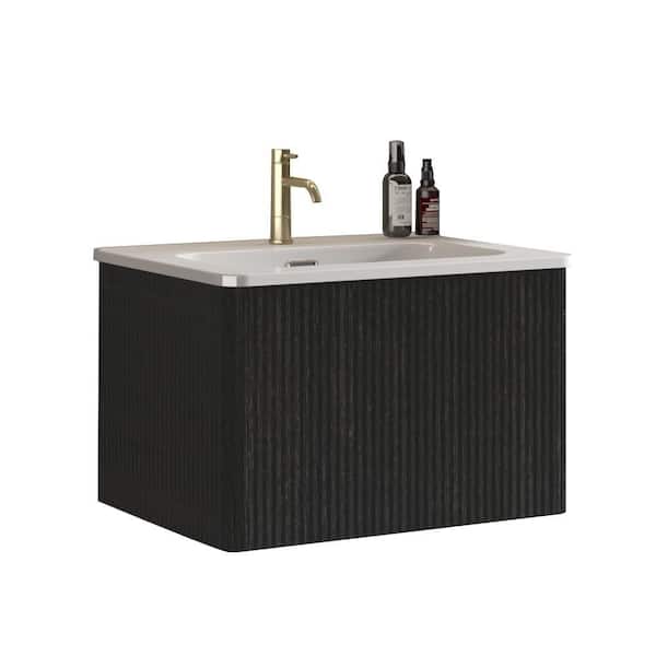 FAMYYT 24 in. W Single Sink Striped Brushed Floating Black Oak