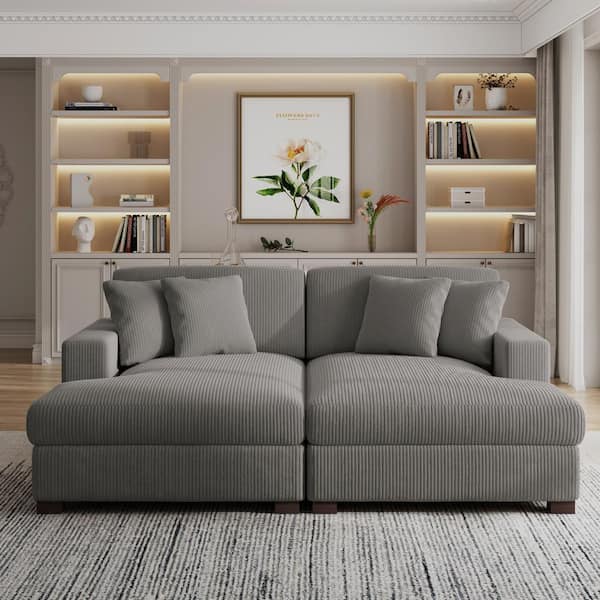 83 in. Square Arm Light Gray Corduroy Fabric Upholstered Sectional Sofa With Four Pillows And Wood Leg