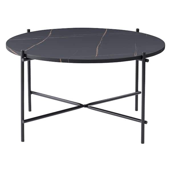 CorLiving Ayla 31 in. Black Marbled Effect Round Engineered Wood Top Coffee Table