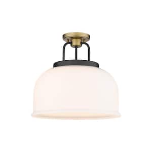 Kahana 15 in. 3-Light Black Brushed Brass Industrial Semi-Flush Mount with Frosted Glass Shade