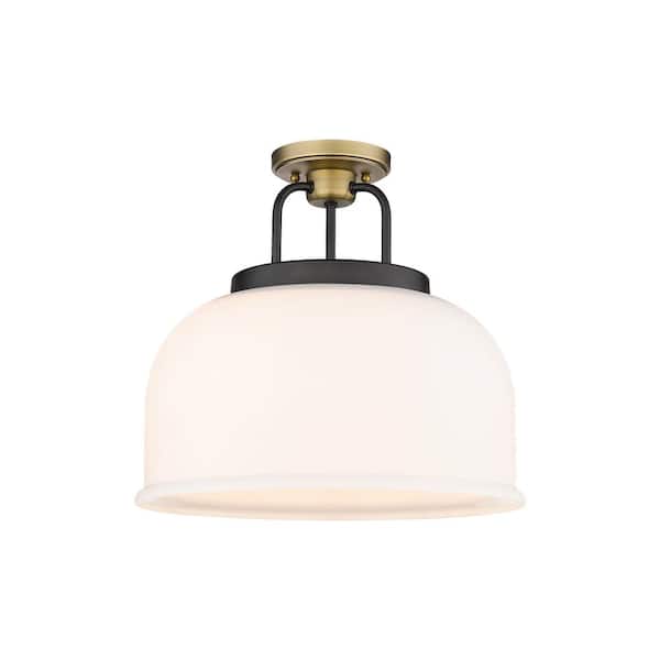 Kahana 15 in. 3-Light Black Brushed Brass Industrial Semi-Flush Mount with Frosted Glass Shade