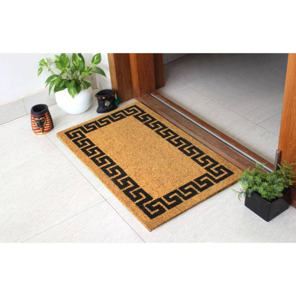 Black and Natural Coir Greek Key Outdoor Doormat, 18" x 30"