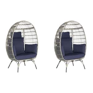 Oversized Outdoor Gray RatTan Egg Chair Patio Chaise Lounge Indoor Basket Chair with Navy Blue Cushion (2-Pieces)