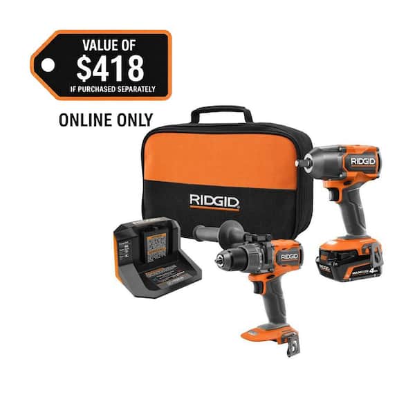 RIDGID 18V Brushless Cordless 2-Tool Combo Kit w/ 1/2 in. Impact Wrench, Hammer Drill, 4.0 Ah MAX Output Battery, and Charger