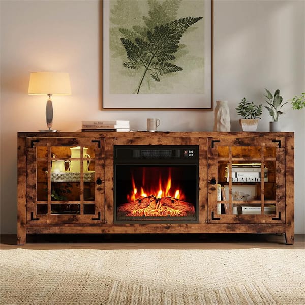 58 in. Fireplace TV Stand with LED Lights and 18 in. Electric Fireplace, Remote Controls in Rustic Brown