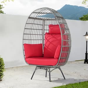 Patio Wicker Swivel Egg Chair, Oversized Indoor Outdoor Egg Chair, Gray Ratten Red Cushions