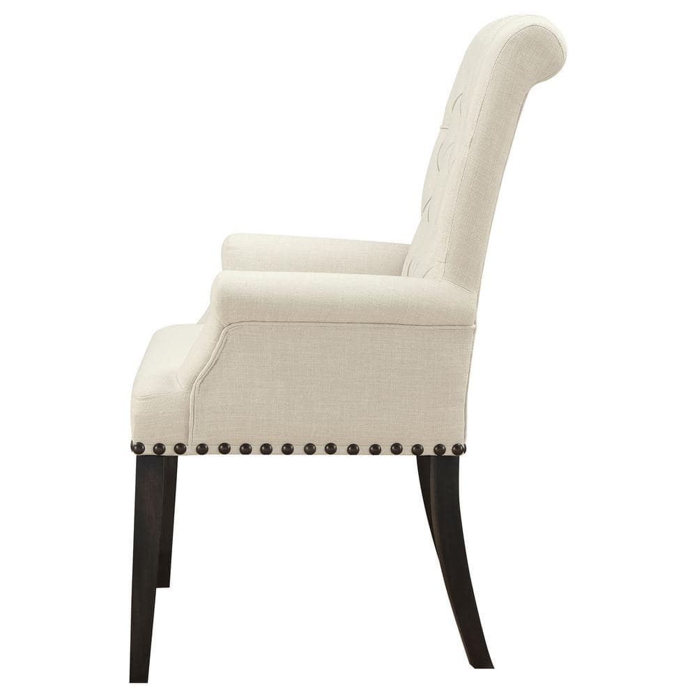 Elegant Beige Linen Upholstered High Arm Chair with Smokey Black Wood