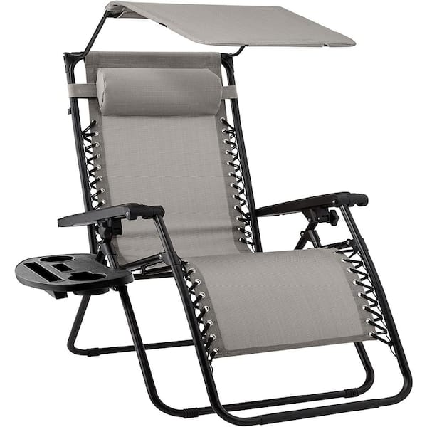 Unbranded Folding Outdoor Recliner Lounge Chair with Adjustable Canopy Shade, Headrest,  Gray