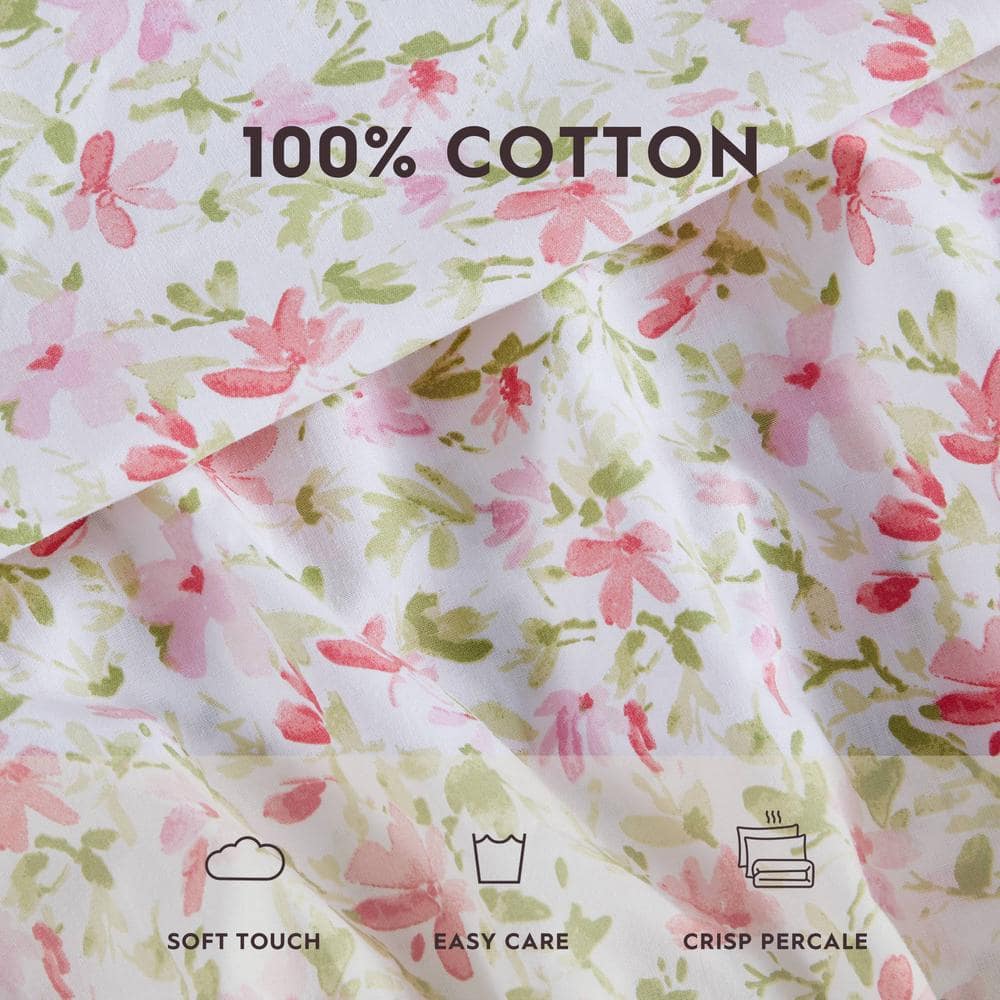 Norella Pink Twin Cotton Percale Floral Sheet Set