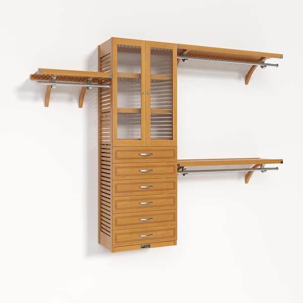 72 in. W-120 in. W Honey Maple Walk in with 6 Drawers and Glass Door 16 in. -Shelf Wood Closet System