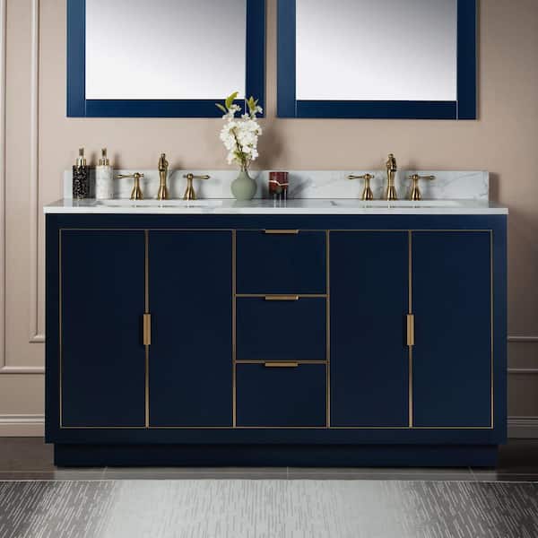 WOODBRIDGE Venice 61 in. W x 22 in. D x 38 in. H Bath Vanity in Navy Blue with Engineered stone Top in Fish Belly with White Sink