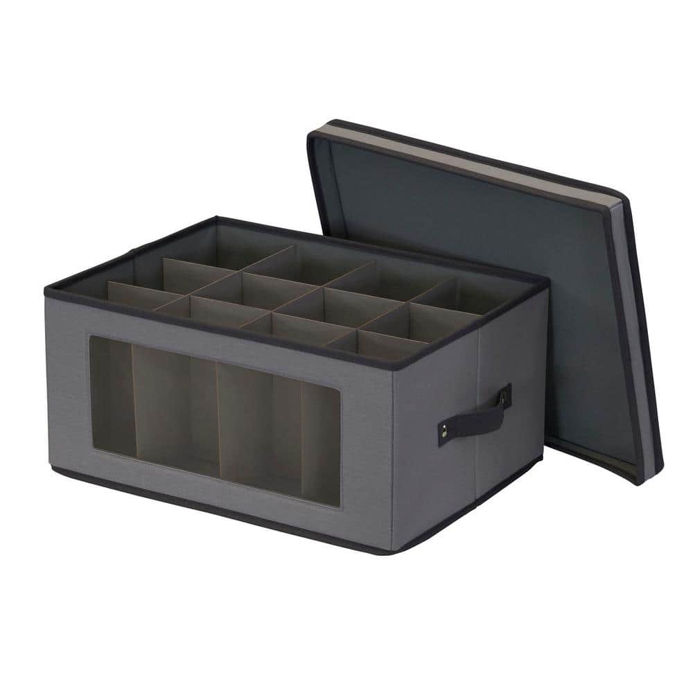 Gray Collapsible Plastic Wine Glass Storage Bin with Window